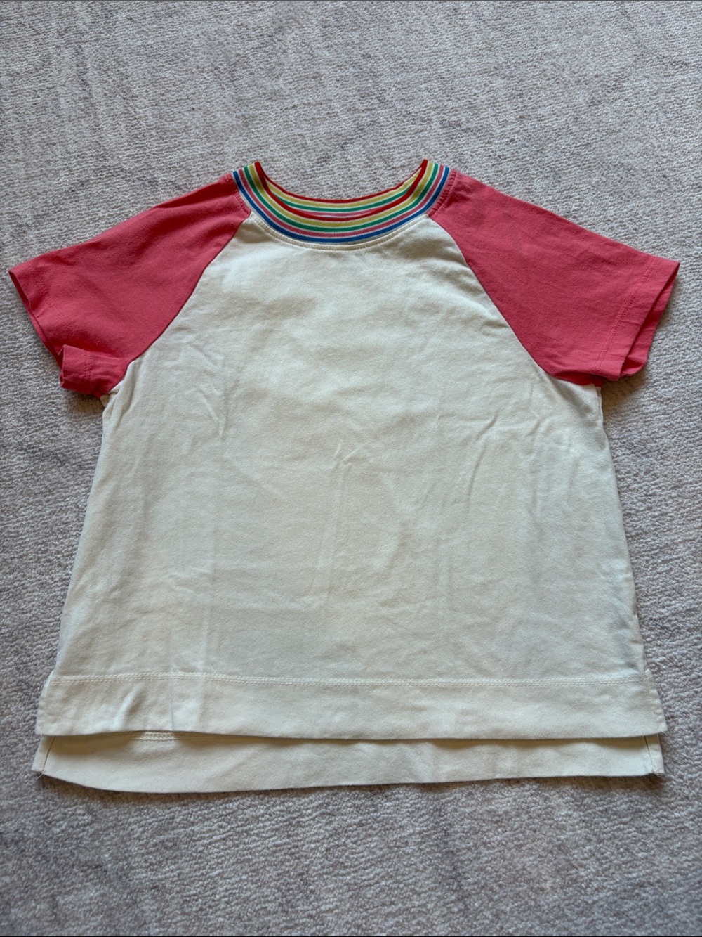 Hanna Andersson Cream Tee with Pink Raglan Sleeves and Rainbow Trim